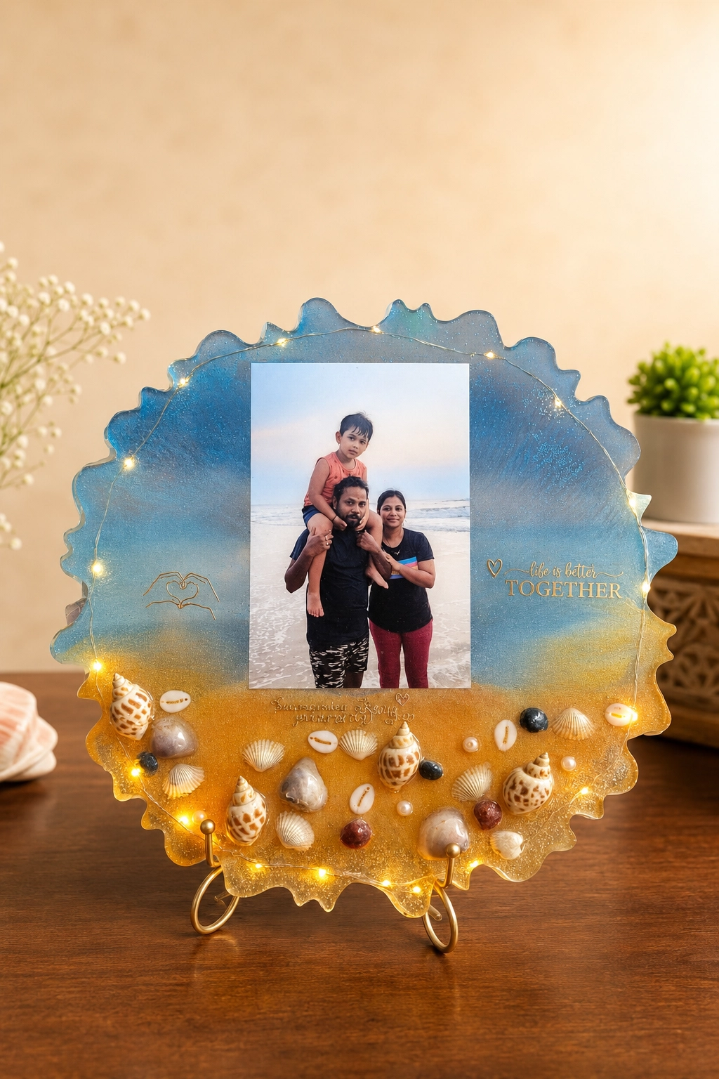 Beach Memory Frame with Fairy Lights — handcrafted resin art by ResinKriti